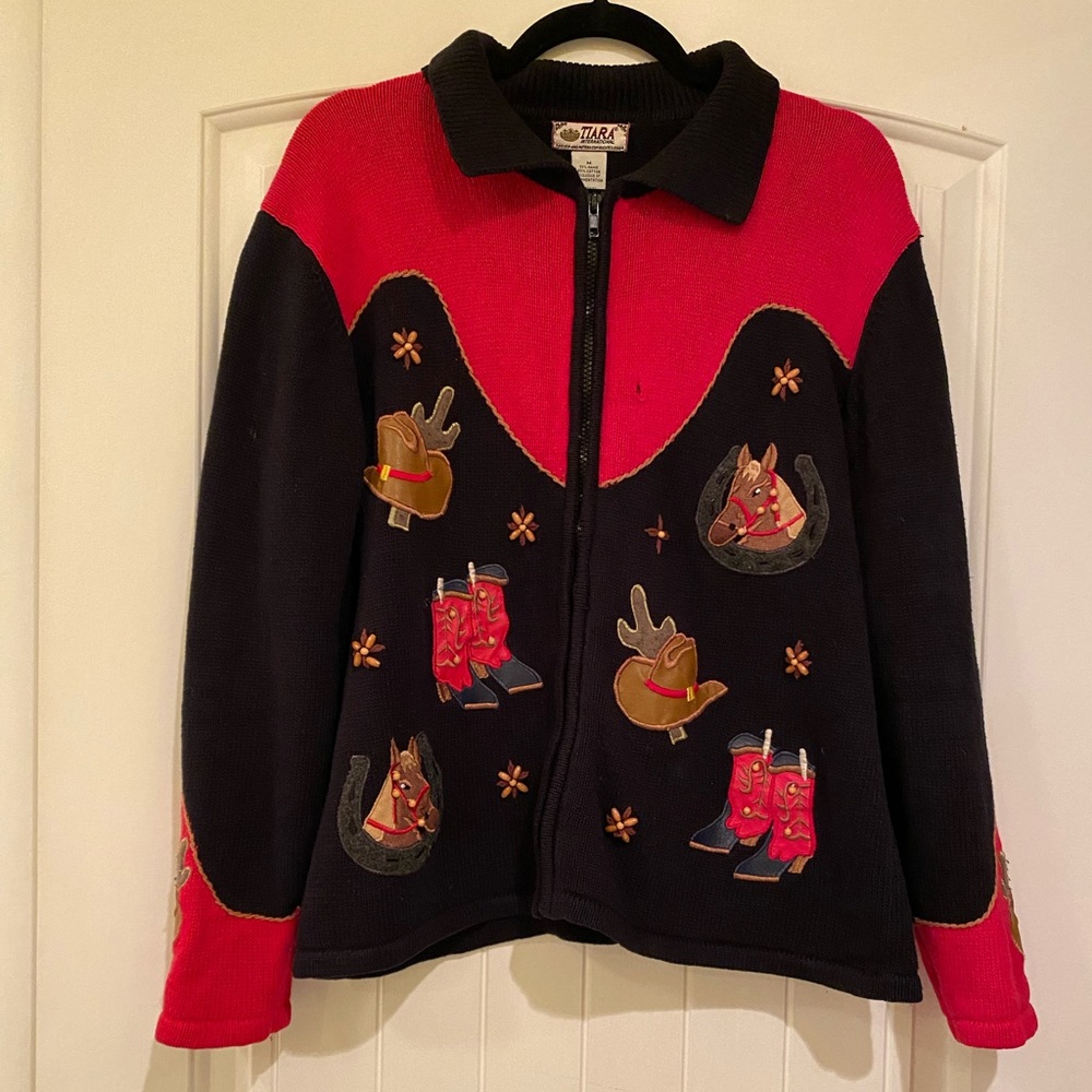 Vintage Tiara International Embroidered Horse Cowboy Country Zip Up Sweater